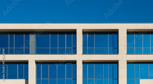 Wallpaper Mural Modern Office Building Facade - Contemporary office building exterior with blue windows and light beige stone facade under a clear blue sky Torontodigital.ca