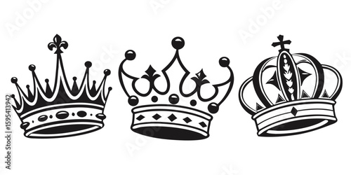 hand drawn royal crown illustrations showing traditional imperial and decorative regalia designs in black sketch style isolated on white background.