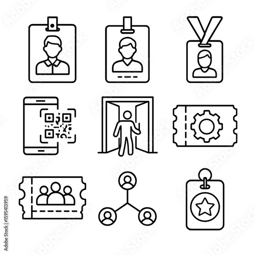 Conference Icons Outline. Outline style icons of Conference Ticketing: speaker badge, name pass, lanyard ID, scan badge, event