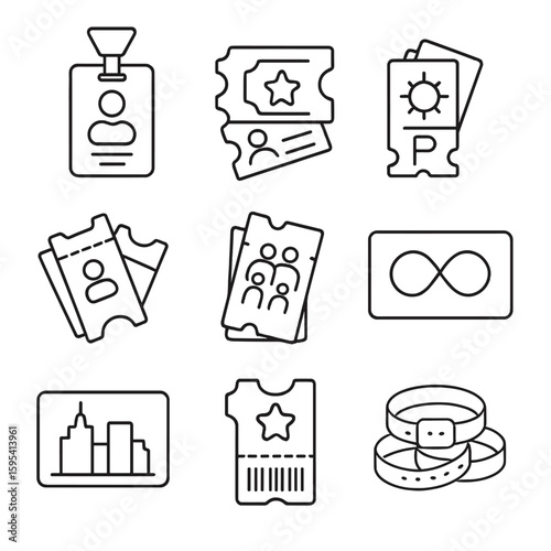 Multi-Use Pass Icons. Outline style icons of Multi-Use Passes: all-access badge, bundle event ticket, day pass combo, group ticket