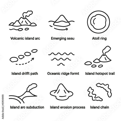Tectonic Island Icons. Outline style icons of Island Chains from Tectonics: volcanic island arc, emerging seamount, atoll ring,