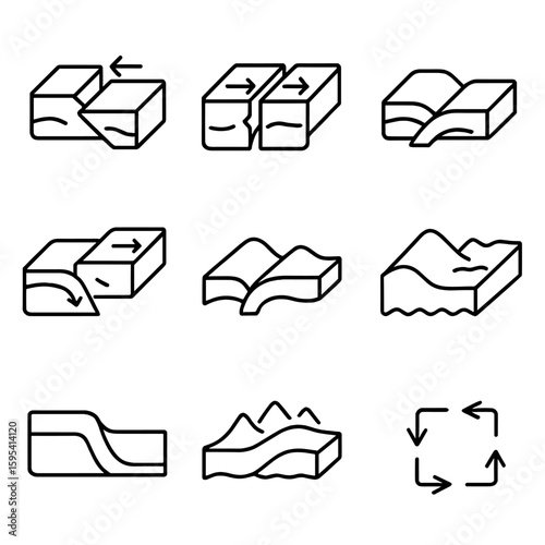 Tectonic Plate Icons. Outline style icons of Tectonic Plate Boundaries: divergent boundary, convergent boundary, transform fault