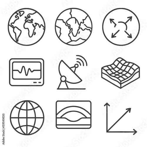 Tectonic Plate Icons. Outline style icons of Satellite View of Plates: top-down earth plate map, tectonic border overlay, GPS