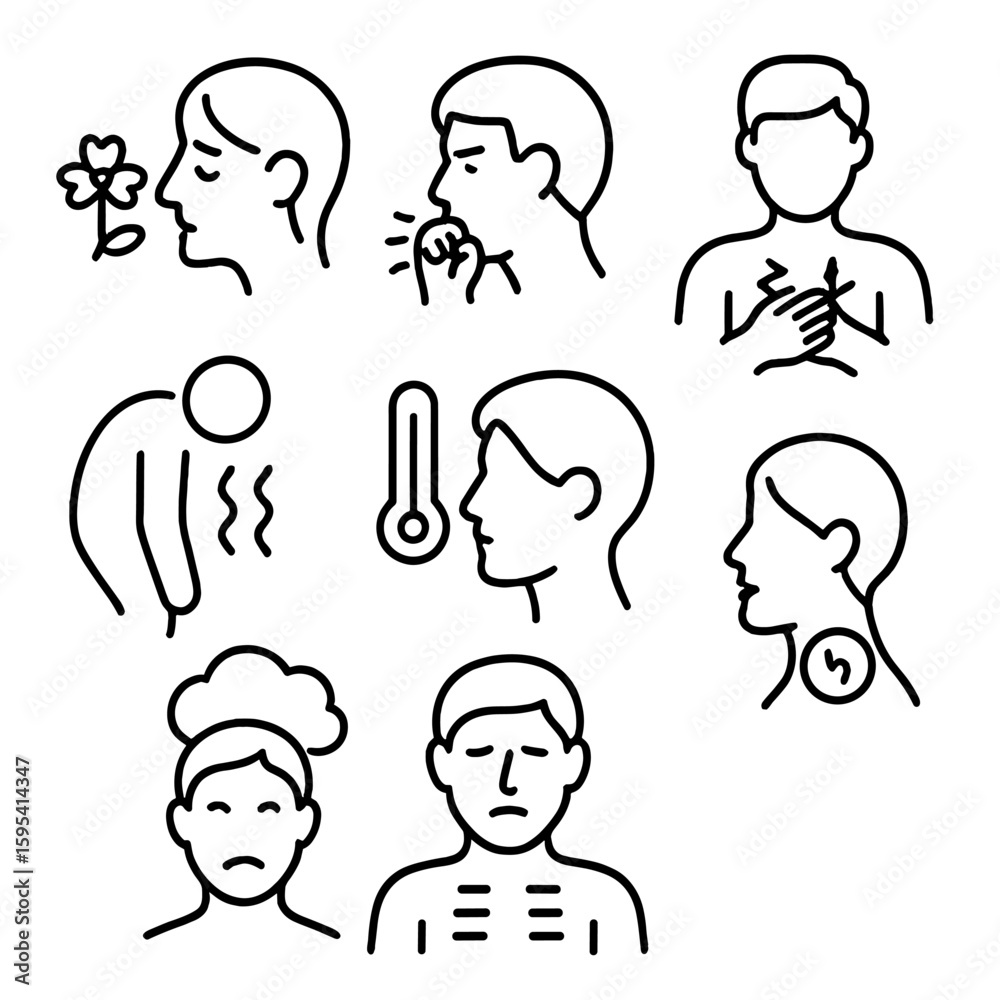 COVID-19 Symptom Icons. Outline style icons of COVID-19 Symptoms: loss of smell icon, dry cough, chest pain, fatigue wave, COVID-19 Symptom Icons. Outline style icons of COVID-19 Symptoms: loss of smell icon, dry cough, chest pain, fatigue wave,
