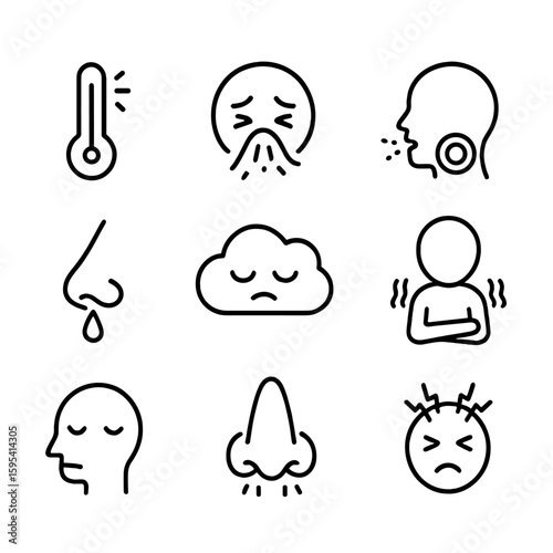 Flu Symptoms Icons. Outline style icons of Common Flu Symptoms: fever thermometer, sneezing face, coughing head, sore throat,