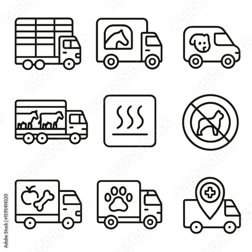 Animal Transport Icons. Outline style icons of Animal Transport Trucks: livestock trailer, horse carrier, pet van, open-air cattle