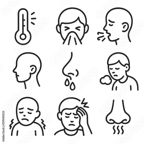Flu Symptoms Icons. Outline style icons of Common Flu Symptoms: fever thermometer, sneezing face, coughing head, sore throat,