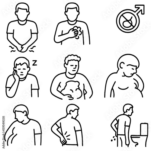 Men's Health Icon Set. Outline style icons of Men’s Health Symptoms: prostate discomfort, chest pain, sexual health icon, fatigue
