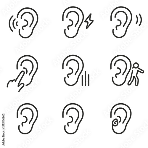 Ear Symptom Icons. Outline style icons of Ear Symptoms: ringing ear, earache icon, muffled hearing, itchy ear, ear pressure lines,