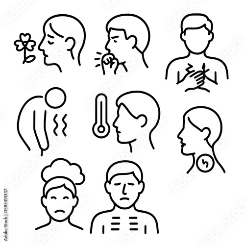 COVID-19 Symptom Icons. Outline style icons of COVID-19 Symptoms: loss of smell icon, dry cough, chest pain, fatigue wave,