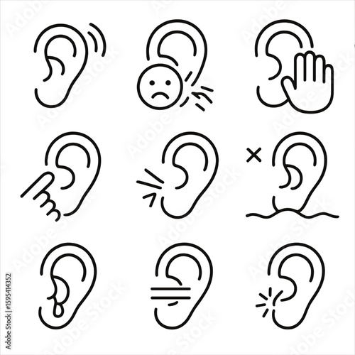 Ear Symptom Icons. Outline style icons of Ear Symptoms: ringing ear, earache icon, muffled hearing, itchy ear, ear pressure lines,