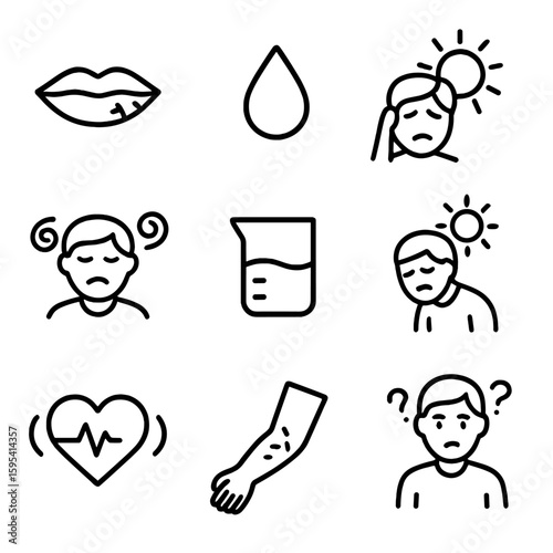 Dehydration Symptoms Icons. Outline style icons of Dehydration Symptoms: dry lips, thirst drop, headache from heat, dizziness