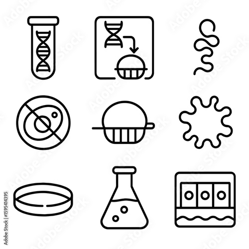 Cell-Free System Icons. Outline style icons of Cell-Free Systems: test tube with DNA, transcription/translation setup, protein