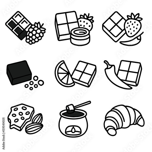 Chocolate Pairing Icons. Outline style icons of Chocolate-Based Pairings: dark chocolate and raspberry, milk chocolate and peanut