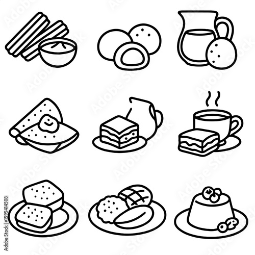 Global Dessert Icons. Outline style icons of Global Sweet Pairings: churros and chocolate dip, mochi and green tea, gulab jamun