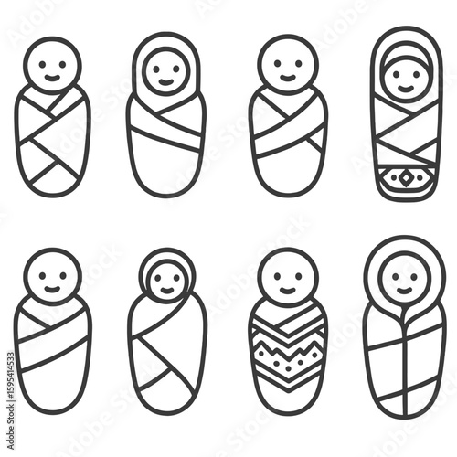 Cultural Swaddling Icons. Outline style icons of Cultural Swaddling Styles: Japanese wrapping style, Middle Eastern swaddle