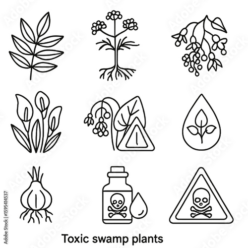 Toxic Swamp Plant Icons. Outline style icons of Toxic Swamp Plants: poison sumac branch, deadly water hemlock root, swamp