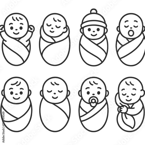 Swaddled Baby Icons. Outline style icons of Swaddled Baby Poses: baby wrapped with hands up, baby sleeping on back, baby with hat
