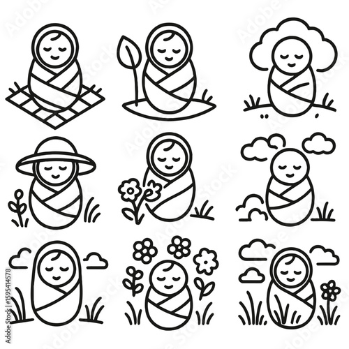 Swaddled Baby Outdoors. Outline style icons of Swaddled Baby in Nature: wrapped baby on picnic blanket, baby with leaf and blanket