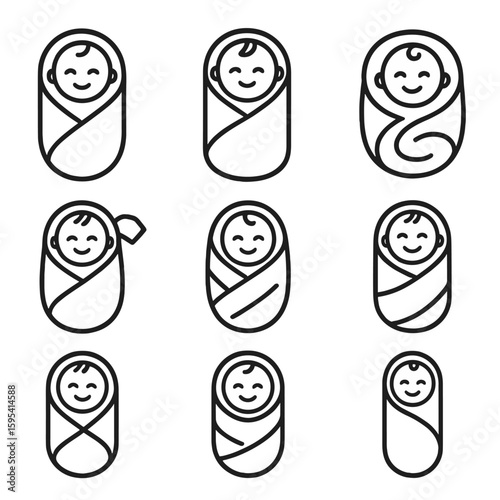 Baby Burrito Icons. Outline style icons of Baby Burrito Style: tightly wrapped baby, tortilla wrap metaphor, burrito roll style,