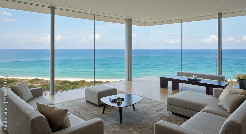 Obraz premium Ocean View Living Room Luxury - Modern living room with stunning ocean views, showcasing luxurious furniture and a tranquil atmosphere