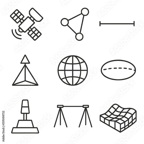 Geodetic Survey Icons. Outline style icons of Geodetic Surveying: satellite GPS icon, geodetic network points, baseline