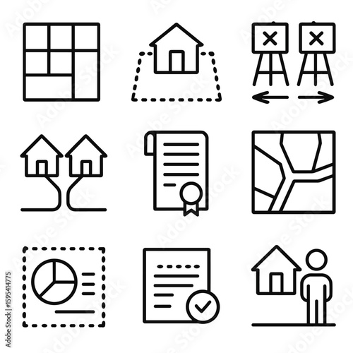 Real Estate Outline Icons. Outline style icons of Real Estate and Property Surveying: land parcel grid, house plot icon, boundary