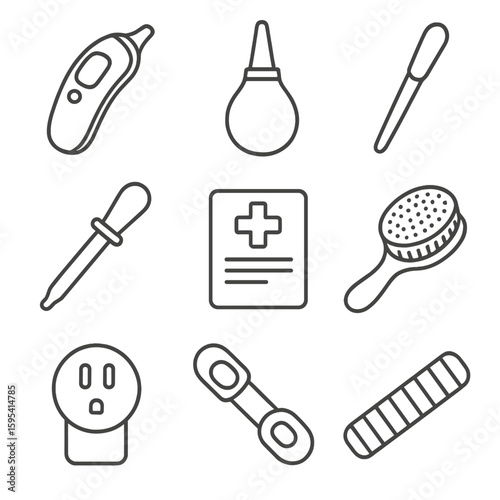Baby Safety Icons. Line style icons of Baby Health & Safety: digital ear thermometer, nasal aspirator, baby nail file, soft hair