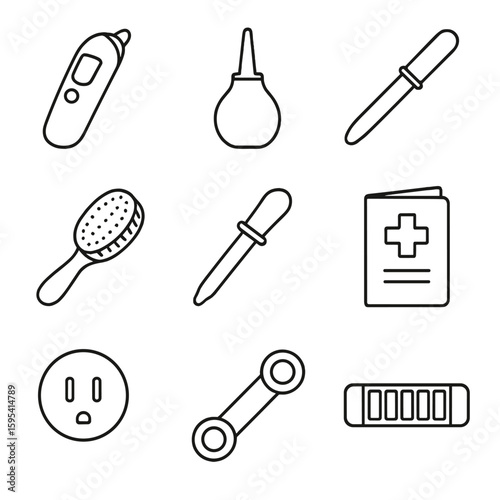 Baby Safety Icons. Line style icons of Baby Health & Safety: digital ear thermometer, nasal aspirator, baby nail file, soft hair