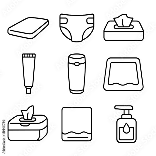 Diaper Changing Essentials. Line style icons of Diaper Changing Station: changing pad, disposable diaper, sensitive wipe pack,