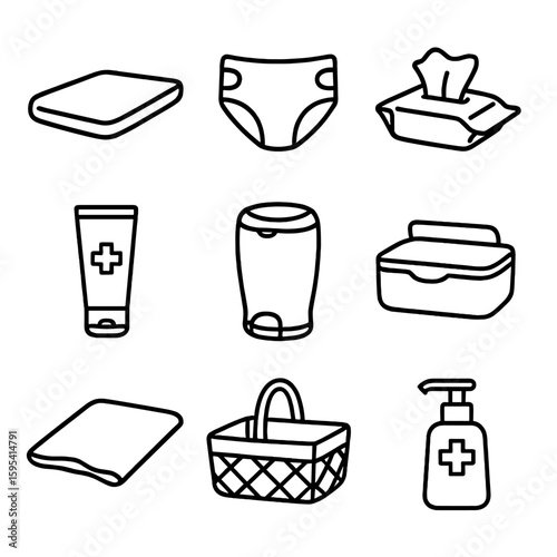 Diaper Changing Essentials. Line style icons of Diaper Changing Station: changing pad, disposable diaper, sensitive wipe pack,