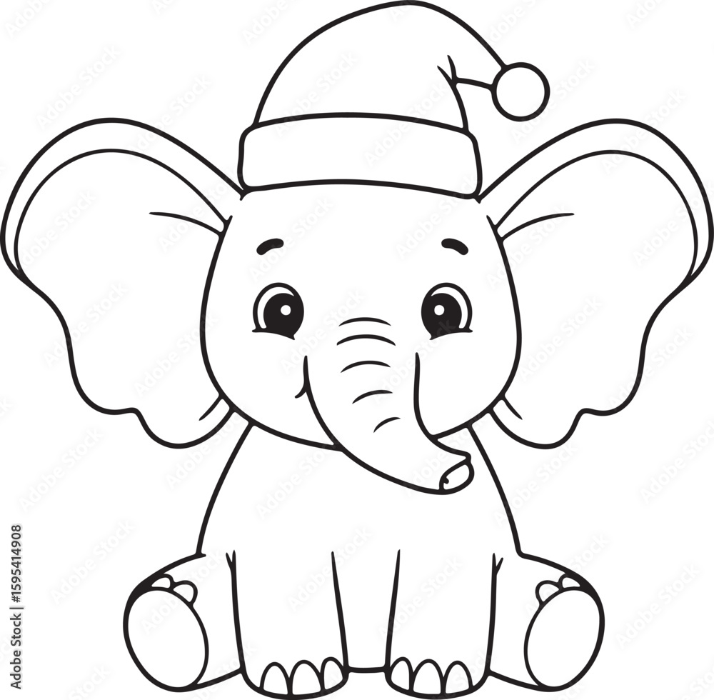 Fototapeta premium Christmas cartoon elephant with Santa hat, big ears, sitting pose, outlined illustration for children,