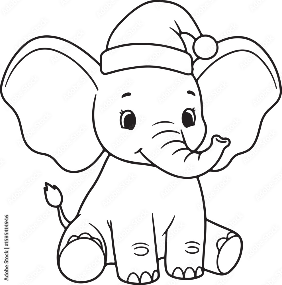 Fototapeta premium Christmas cartoon elephant with Santa hat, big ears, sitting pose, outlined illustration for children,