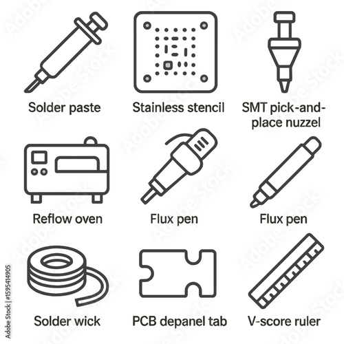 PCB Assembly Icons. Line style icons of PCB Assembly Accessories: solder paste syringe, stainless stencil, SMT pick-and-place