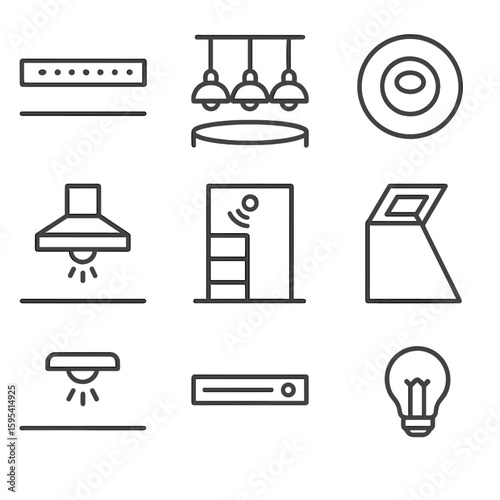 Kitchen Lighting Icons. Line style icons of Kitchen Task Illumination: under-cabinet strip, pendant island trio, recessed