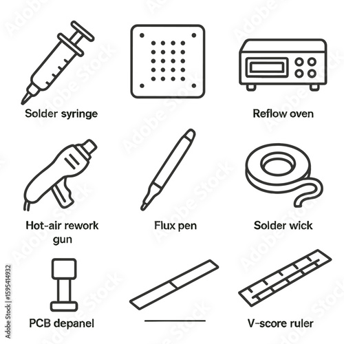 PCB Assembly Icons. Line style icons of PCB Assembly Accessories: solder paste syringe, stainless stencil, SMT pick-and-place