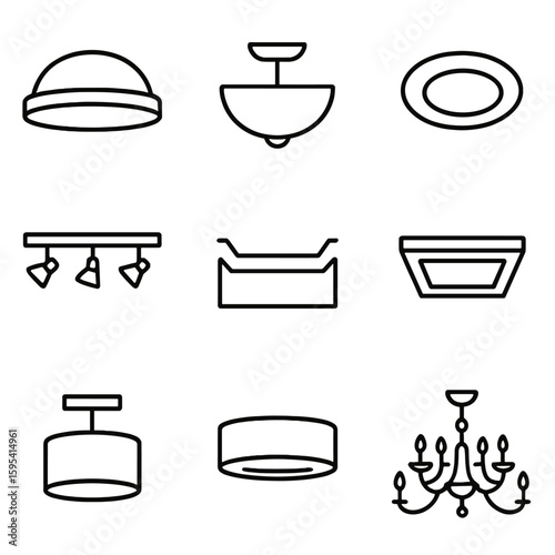 Ceiling Fixture Icons. Line style icons of Ceiling Fixture Styles: flush mount dome, semi-flush bowl, recessed can, track rail,
