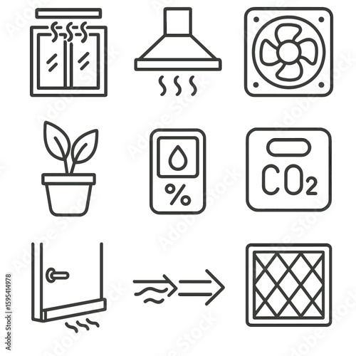 Indoor Air Quality Icons. Line style icons of Indoor Air Quality Boosters: window vent trickle, kitchen range hood, bathroom