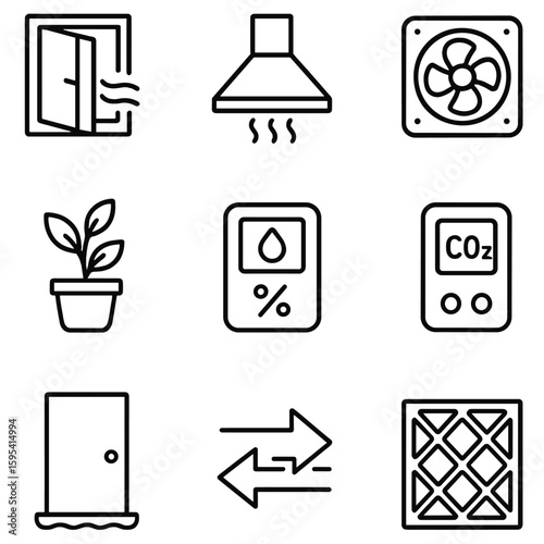 Indoor Air Quality Icons. Line style icons of Indoor Air Quality Boosters: window vent trickle, kitchen range hood, bathroom