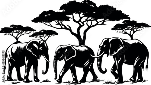 Silhouettes of Elephants walking across the plains with acacia trees behind them, vector design