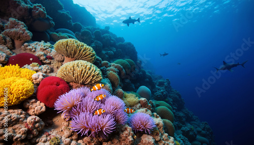 Vibrant Coral Reef Ecosystem with Clownfish and Sharks