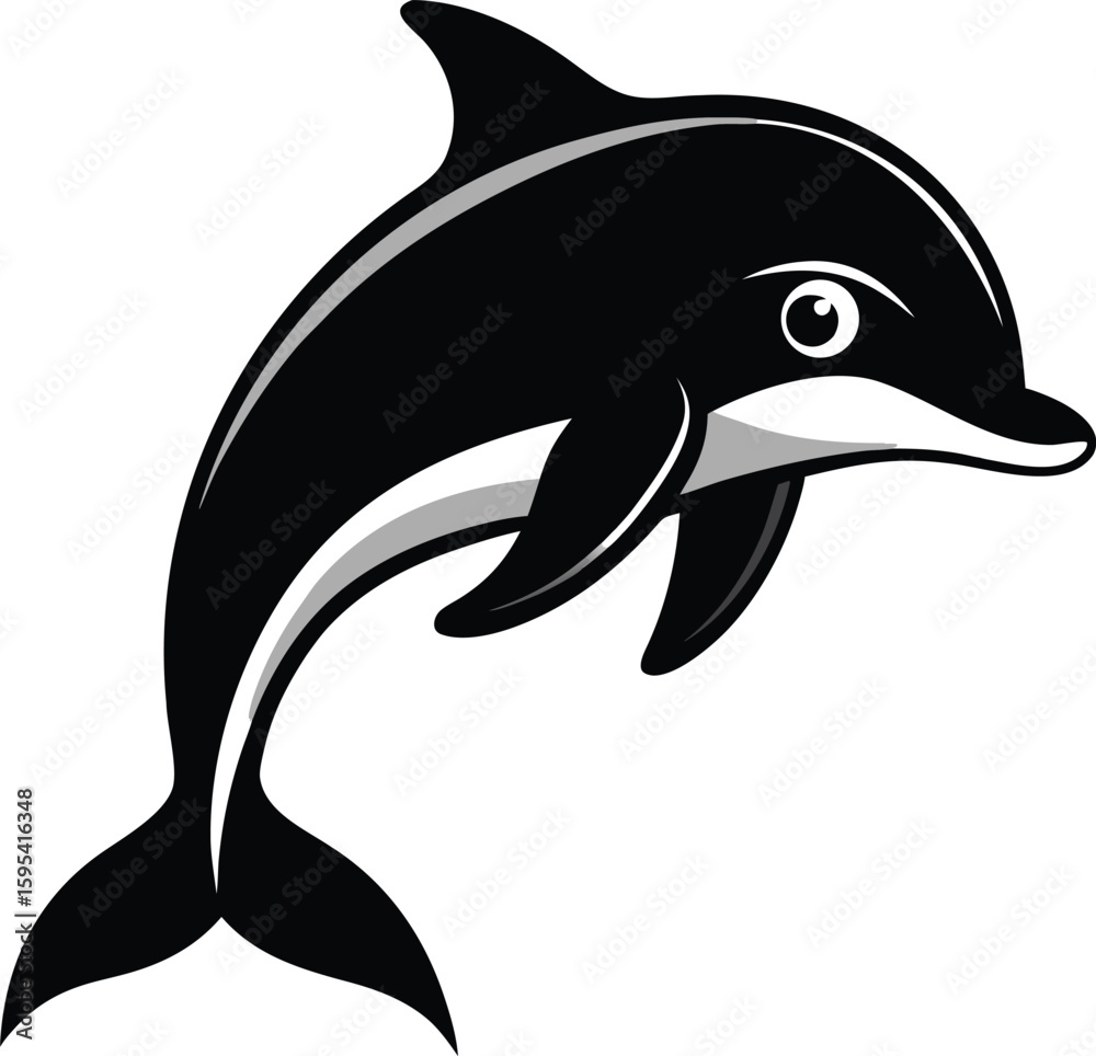 Fototapeta premium Cute cartoon black dolphin jumping isolated on white background