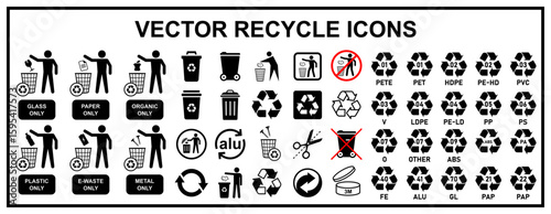 recycle icons for product packaging including recycling code, different materials recycle, tidy man, recycle metal, plastic, paper, glass, organic, e waste, cut here, expire date, trash bin etc. 