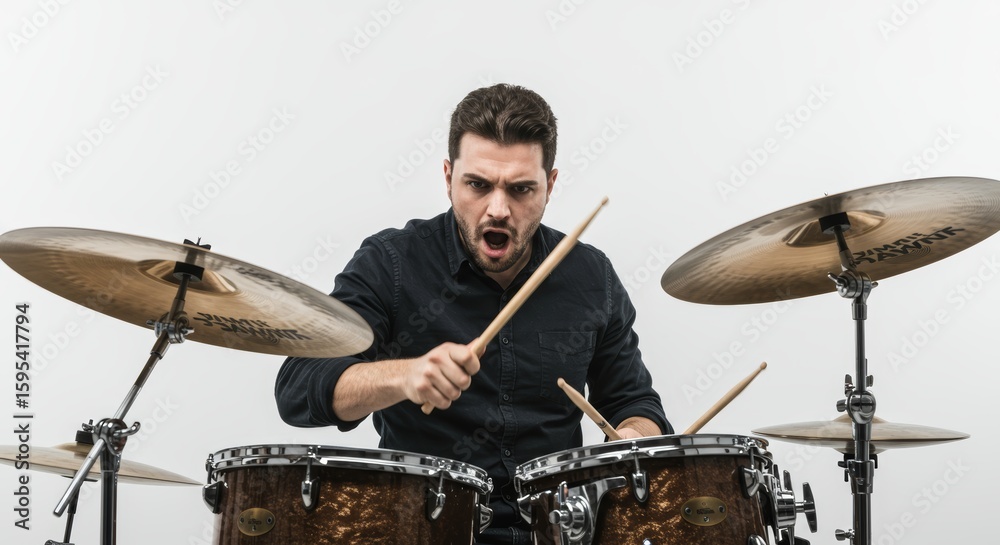 Fototapeta premium Passionate Drummer Playing Drums with Intensity