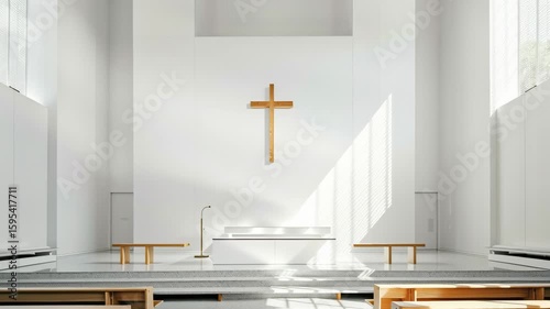 Modern Church Interior with Wooden Cross and Benches