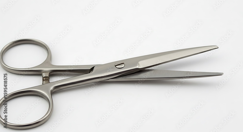 Obraz premium A detailed close-up photograph of a pair of stainless steel surgical scissors, isolated on a clean white background.