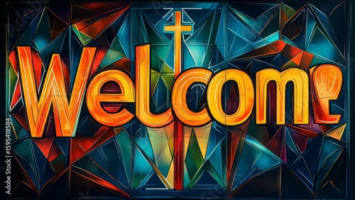 Welcome Sign with Stained Glass Background and Cross