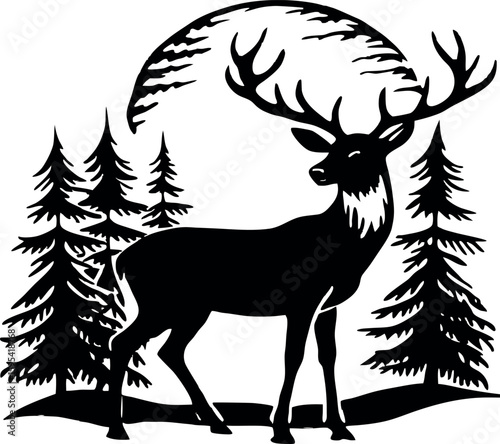Silhouette of a deer standing in a forest clearing with sunset in the background