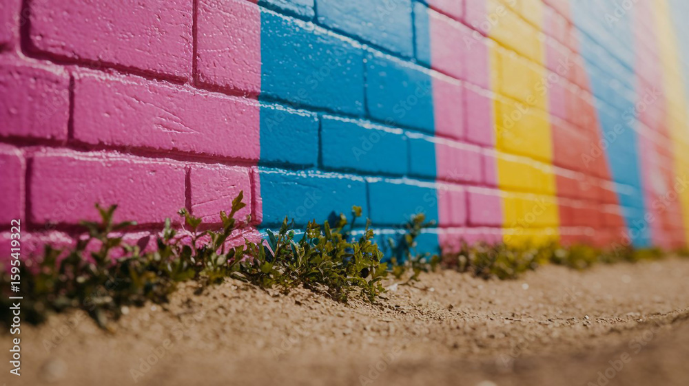 Fototapeta premium A vibrant, low-angle shot of a weathered brick wall covered in bright, bold graffiti art, featuring large blocks of colors like pink, blue, yellow, and red, with small weeds growing at the base