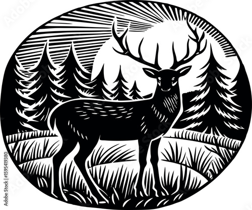 Silhouette of a deer standing in a forest clearing with sunset in the background